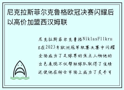 尼克拉斯菲尔克鲁格欧冠决赛闪耀后以高价加盟西汉姆联
